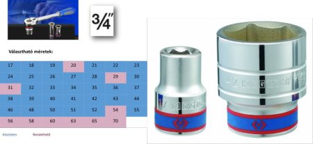 Kézi dugókulcs fej 6 lapú 3/4" rövid 55 mm